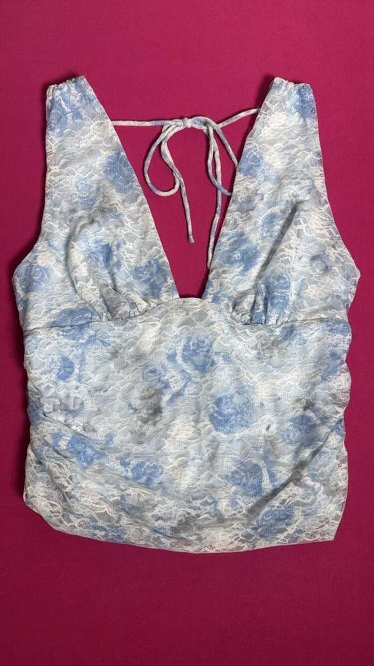 Wild Fable Lace Floral Tank Top – Blue White Tie‑Back Satin Ruched Size XXS